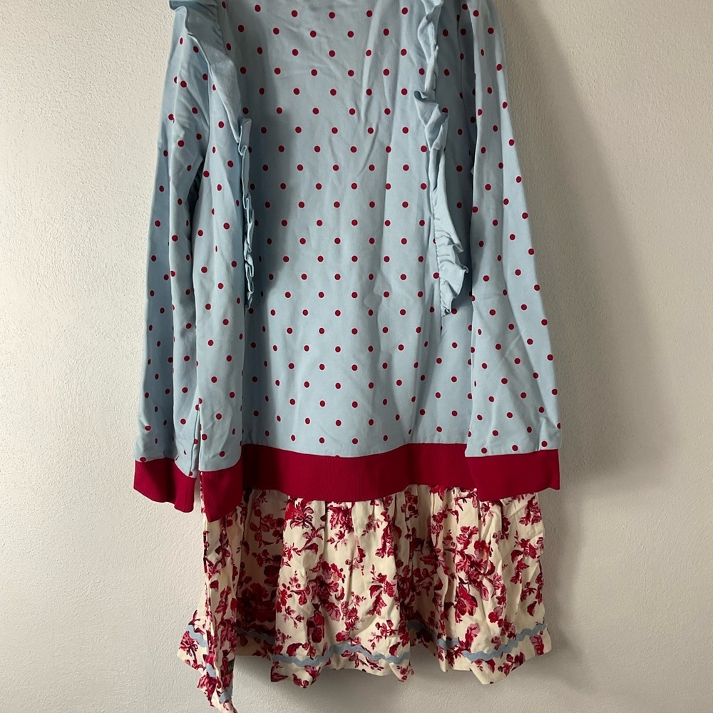 Girls Matilda Jane Blue Red Polka Dot Floral Dress Sz 14 - Picture 2 of 3